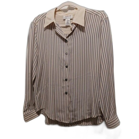 Talbots Tops - Talbots Petites Silk Blouse Shirt Button Up Striped Long Sleeve Beige Size 8